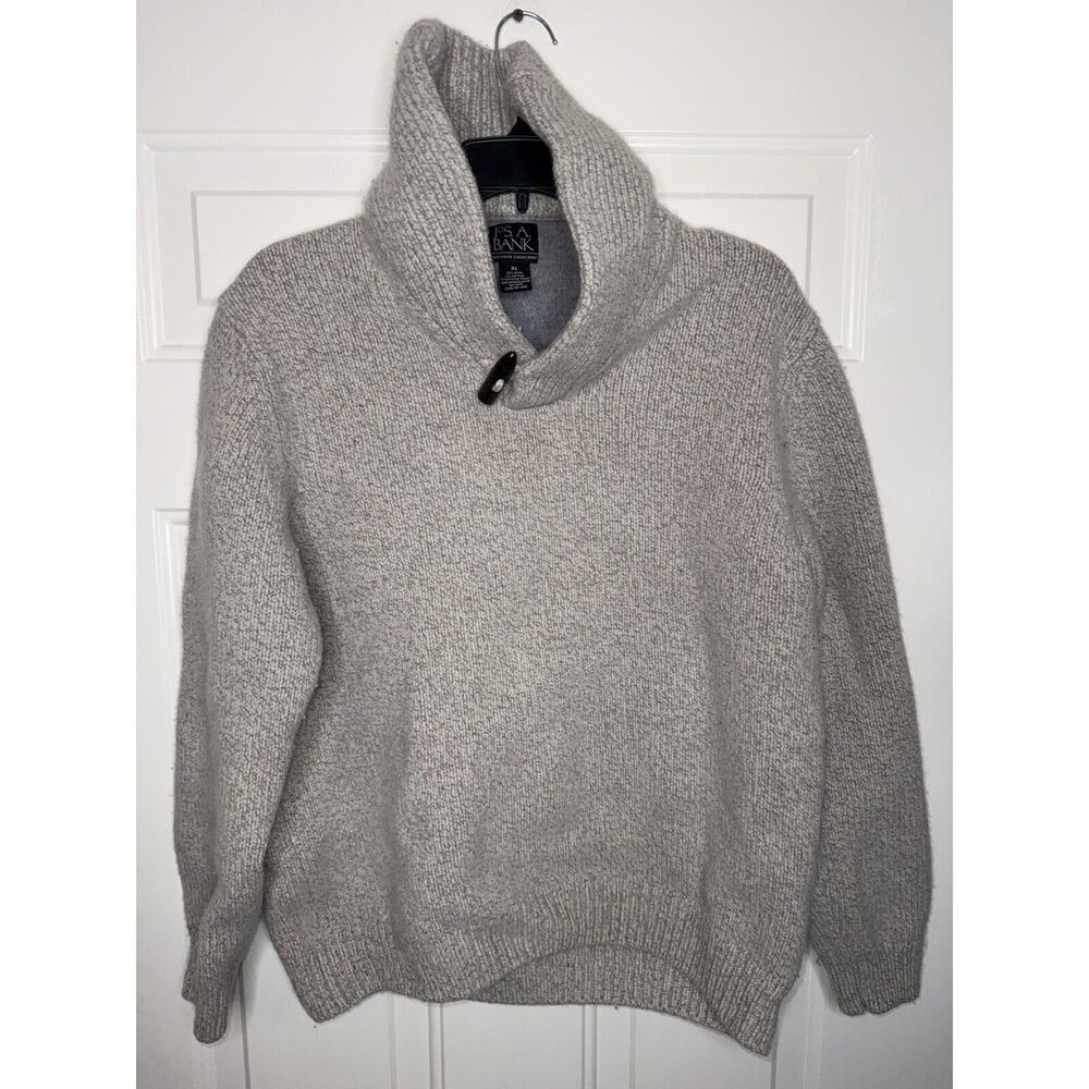 Jos A Bank Sweater Mens XL Gray Wool Knit Casual Fleece Shawl Collar Preppy Cozy